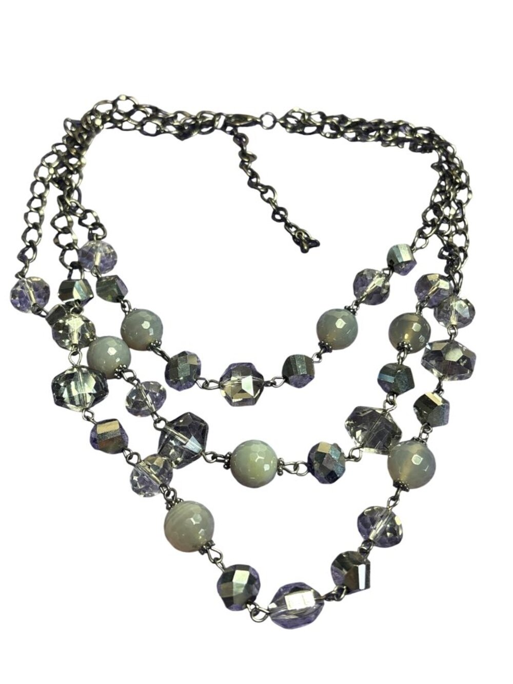 Gunmetal Chain 3 Strand Necklace Faceted Glass and Agate Stone Beaded Necklace